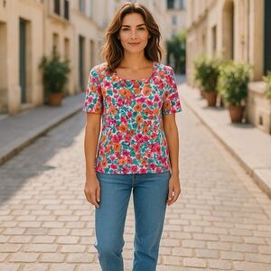 Croft&Barrow XXL 100% COTTON TEE short sleeve multi color print square neckline